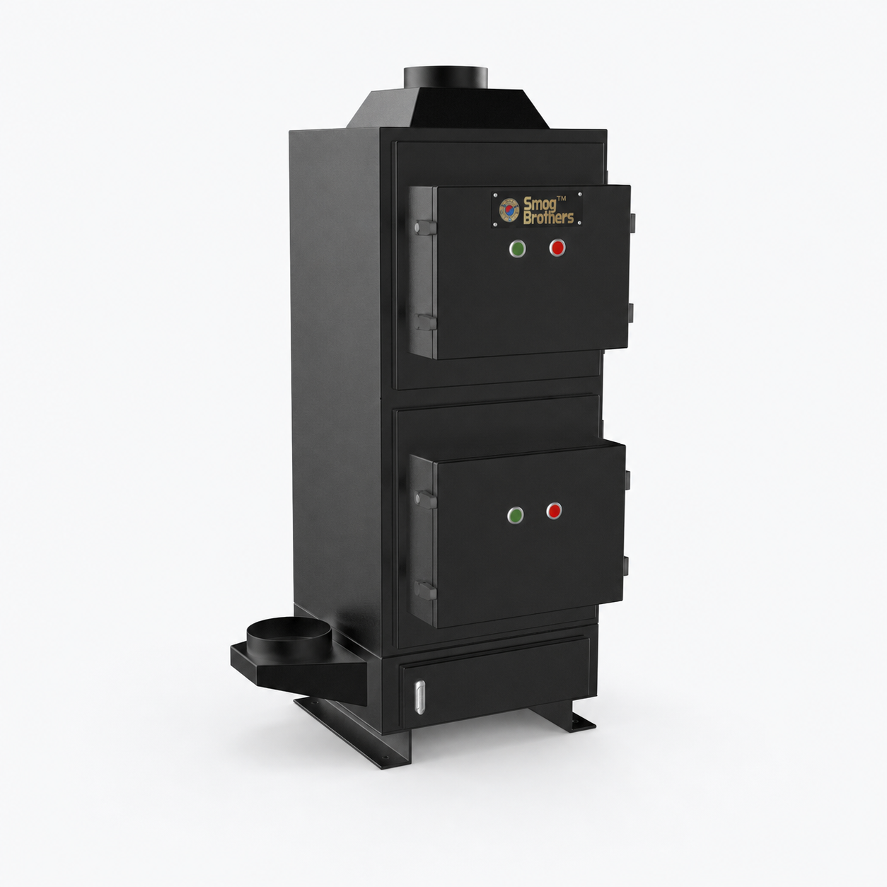 상단과 좌측 원형 덕트, 위아래 전면 도어 2개와 하단 서랍이 있는 검은색 SB-60V ESP