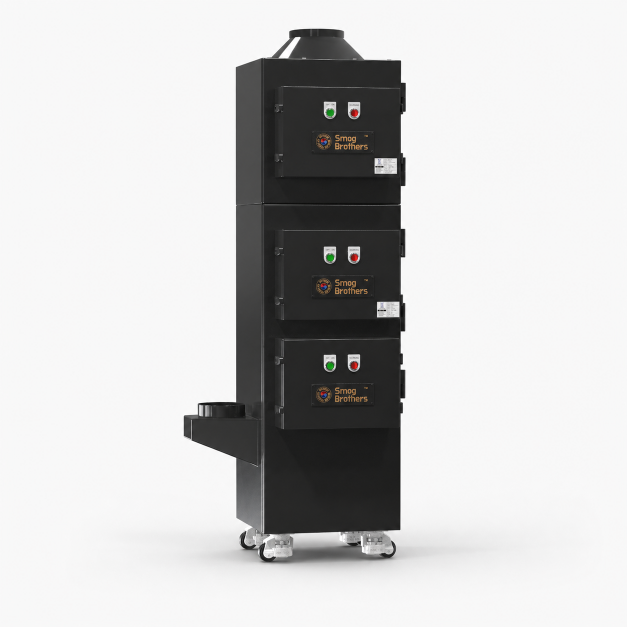 상단과 좌측 원형 덕트, 세로로 배치된 전면 도어 3개와 하단 서랍이 있는 검은색 SB-90V ESP